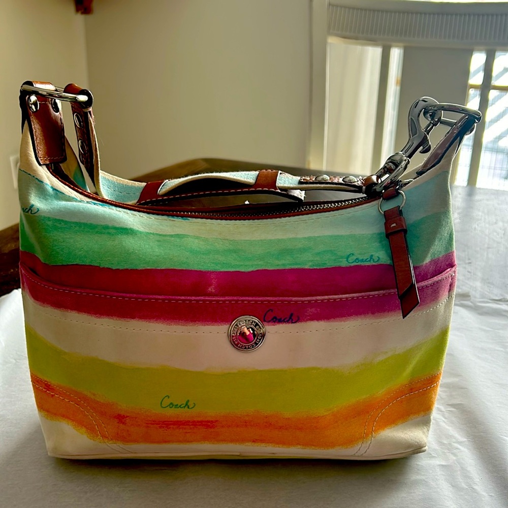Coach Multicolor Striped Canvas Hobo Bag - Turquoise, Pink, Lime, Orange